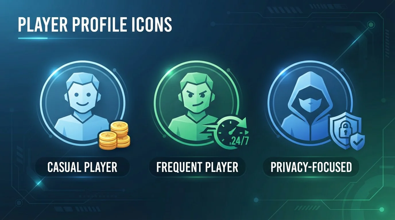 Tres perfiles de jugador representados con iconos: casual con monedas pequeñas, frecuente con reloj rápido, anónimo con máscara privacidad