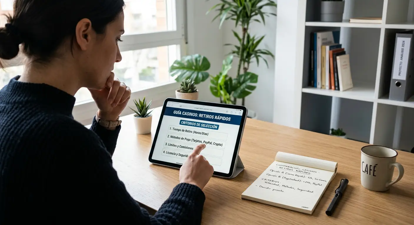 Persona comparando opciones de casino en tablet con notas y calculadora