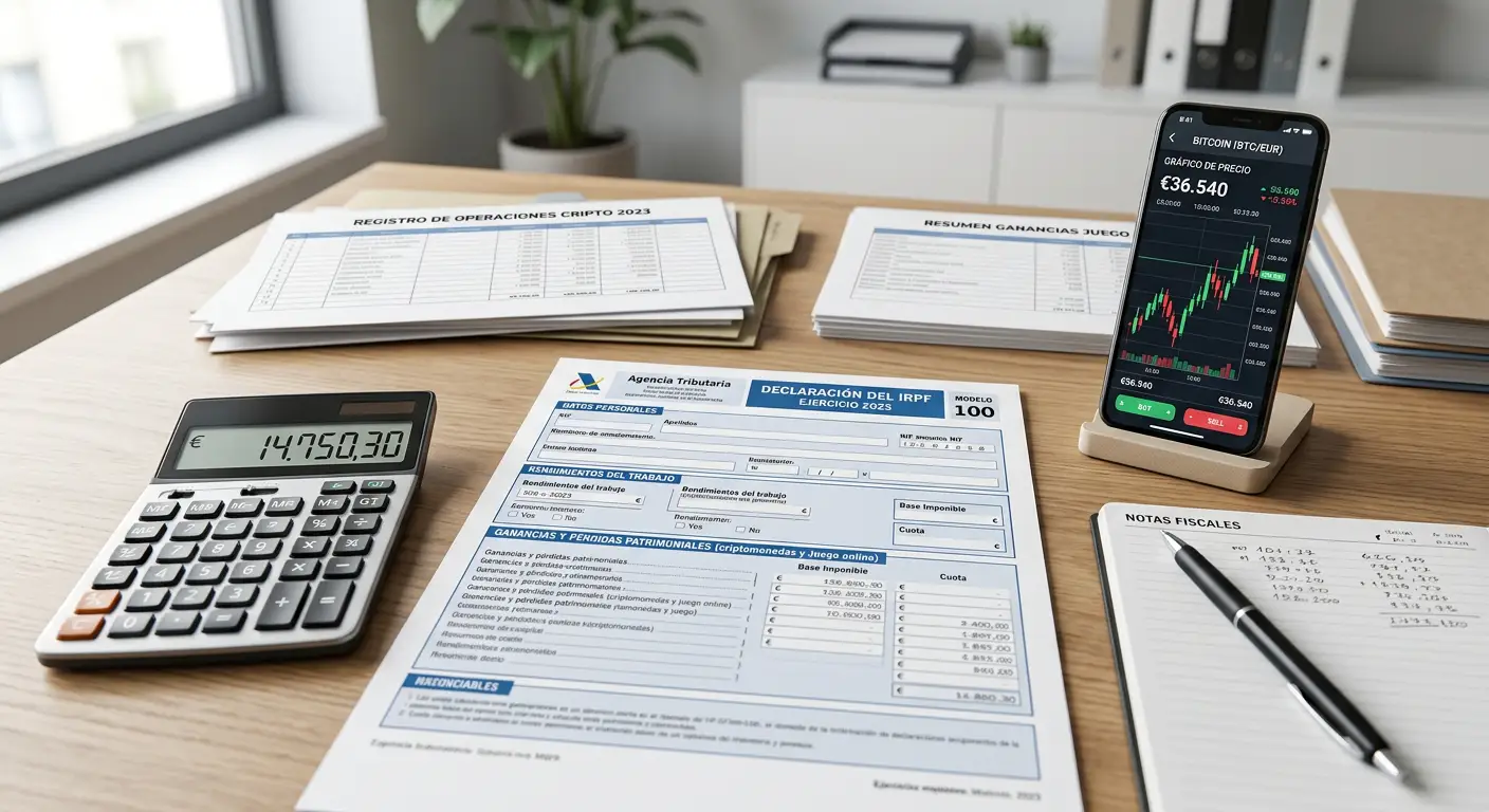 Documento de declaración de impuestos con calculadora y gráfico Bitcoin