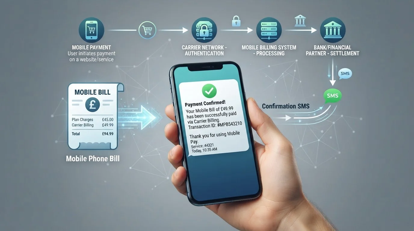 Flujo de pago SMS mostrando smartphone con mensaje de confirmación y símbolo de factura móvil