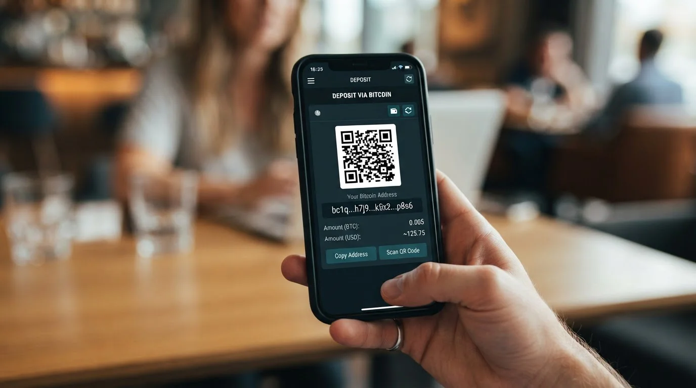 Pantalla de smartphone mostrando proceso de depósito Bitcoin en casino con código QR