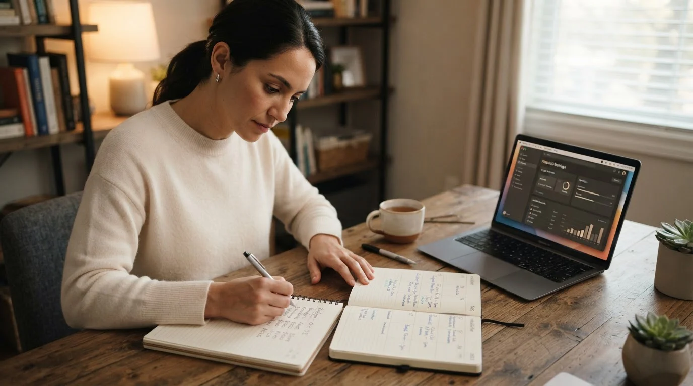 Persona en escritorio con libreta de presupuesto, calendario y laptop con configuración de límites