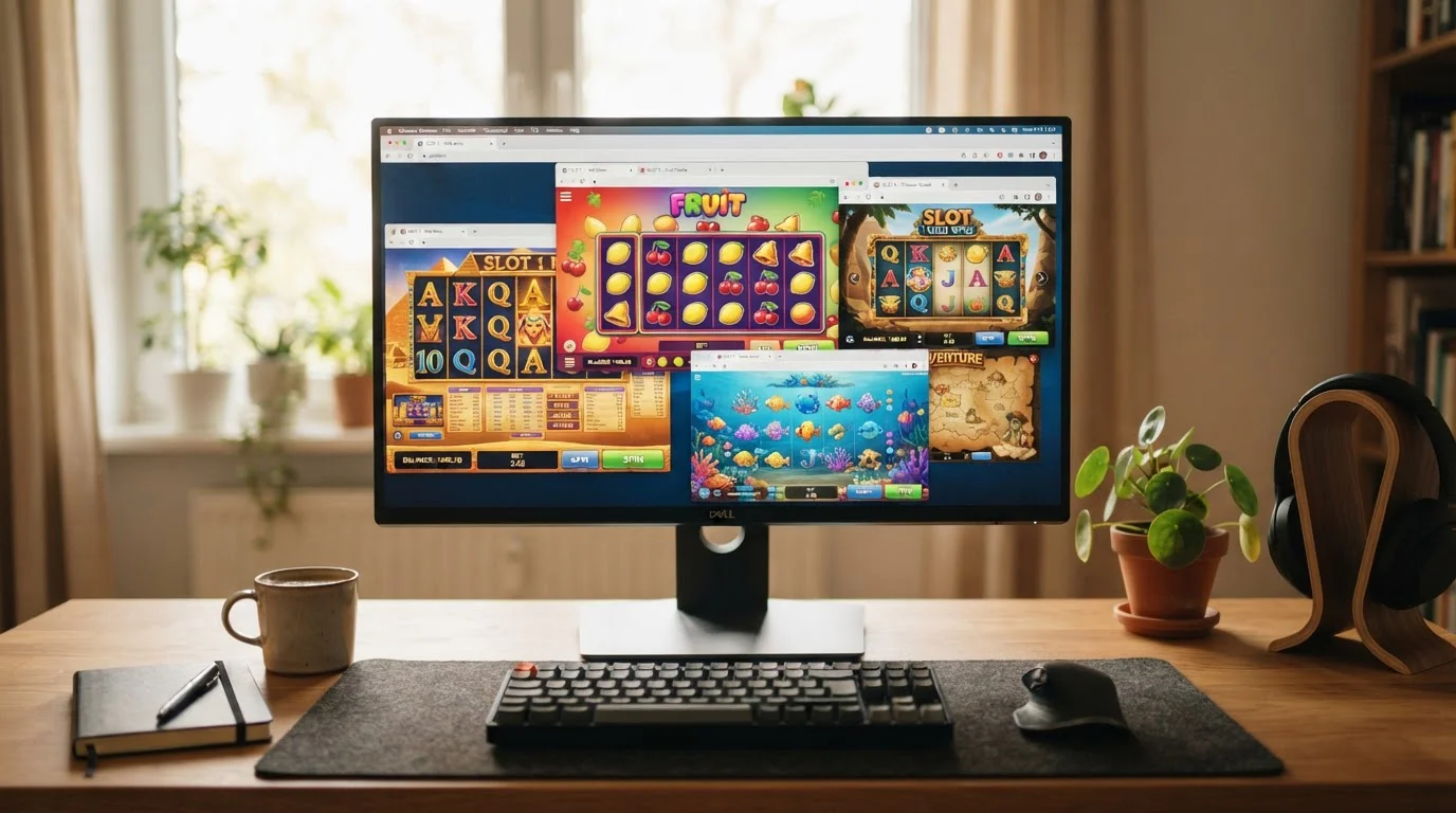 Pantalla de ordenador con múltiples ventanas mostrando slots y juegos de casino online