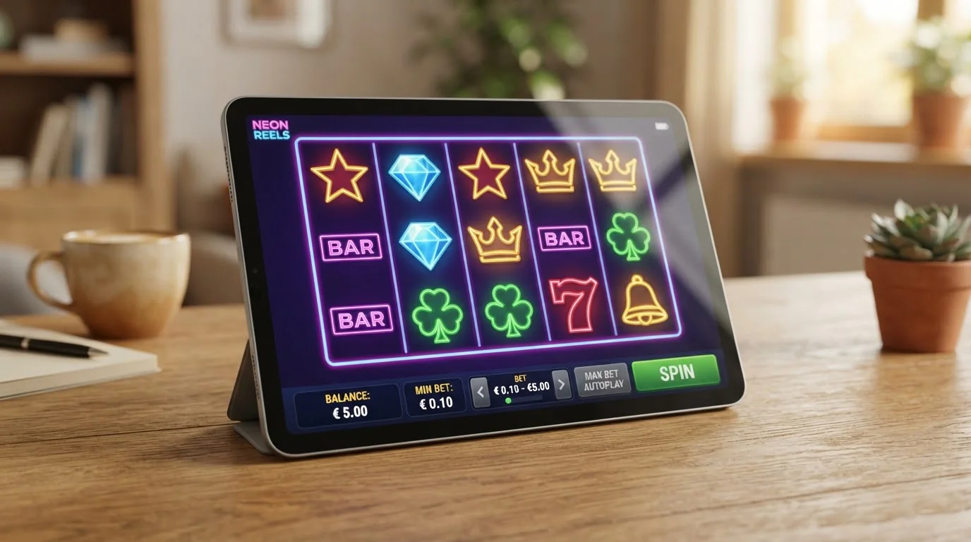 Pantalla de slot machine mostrando apuesta mínima y saldo disponible