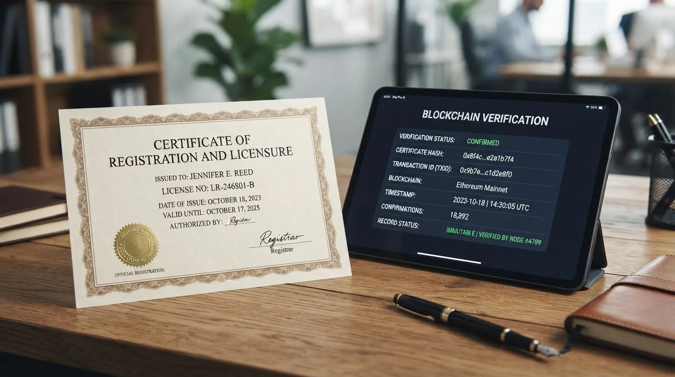 Documento de licencia Curazao eGaming junto a verificación blockchain en pantalla