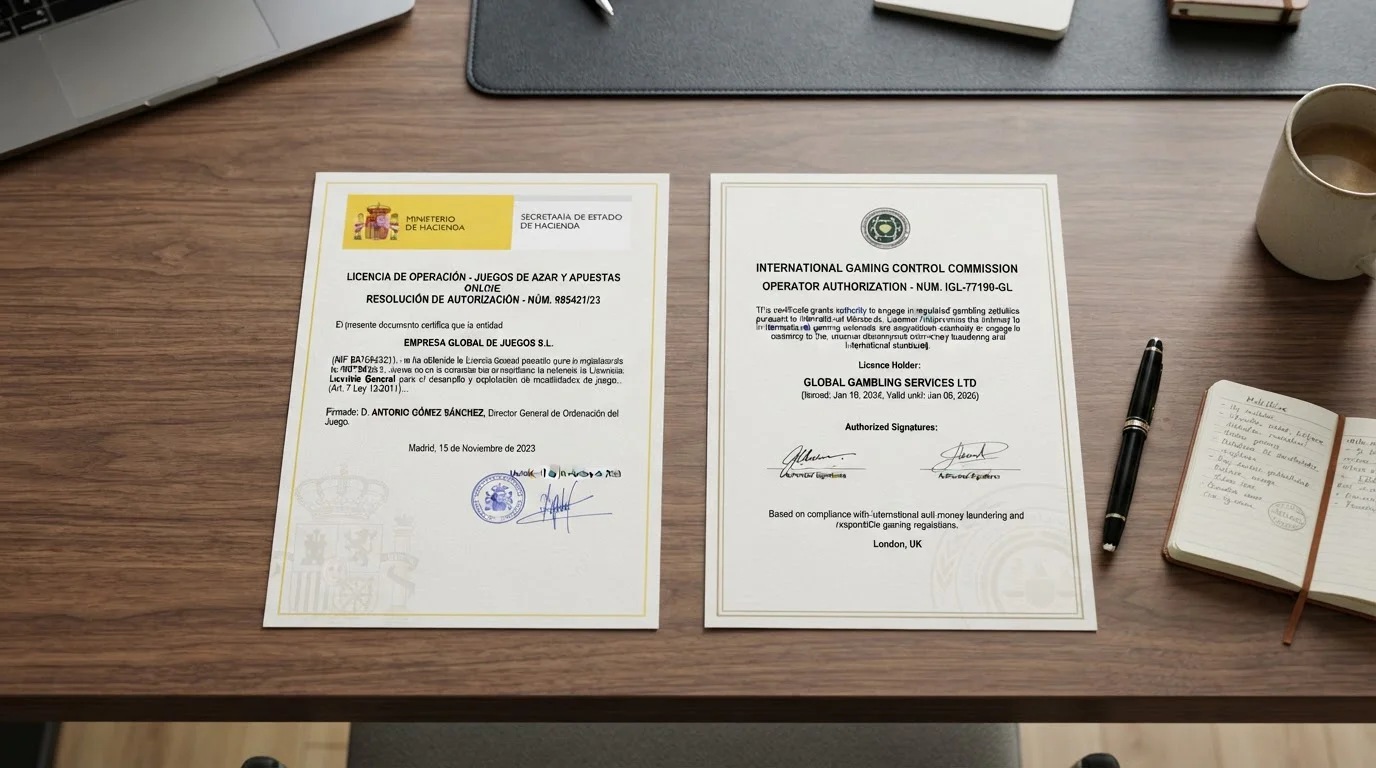 Comparativa visual de licencias DGOJ y Curazao sobre escritorio de trabajo