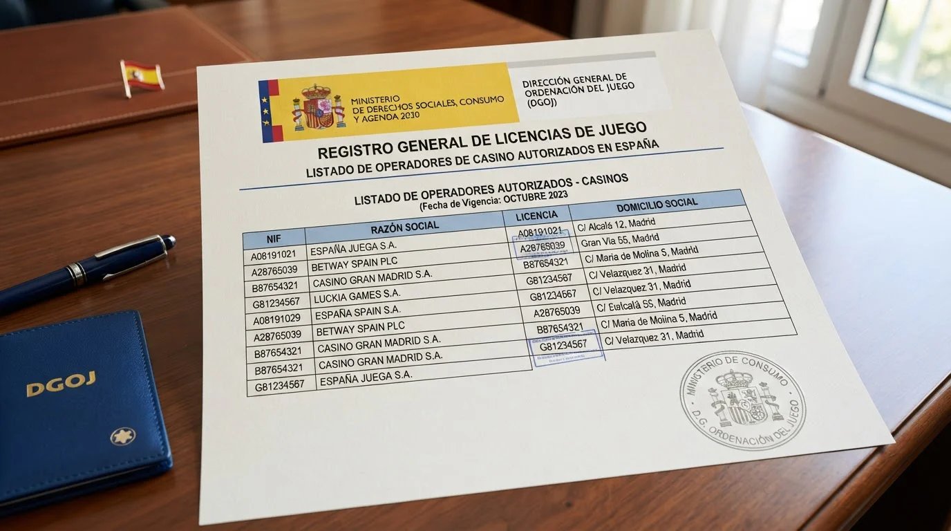 Documento oficial con sello DGOJ, escudo de España y lista de operadores autorizados en formato registro