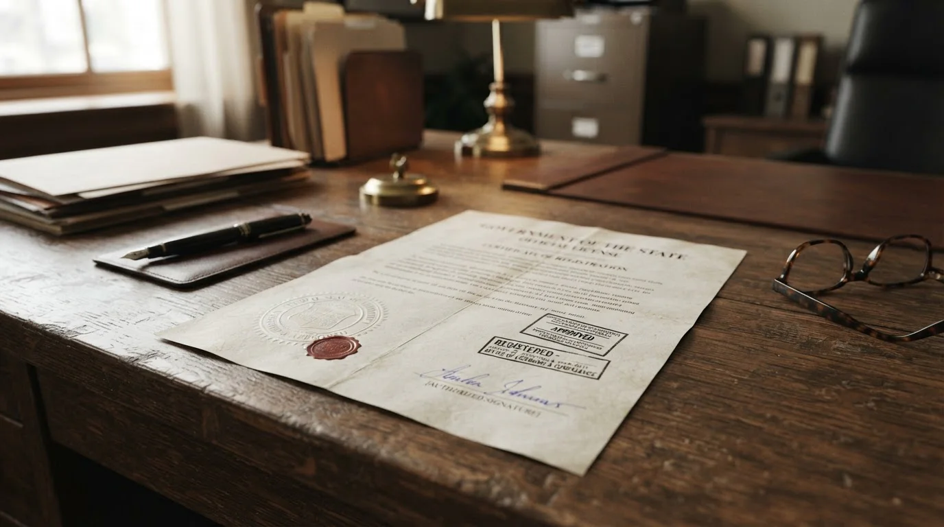 Documento de licencia DGOJ con sello oficial sobre escritorio