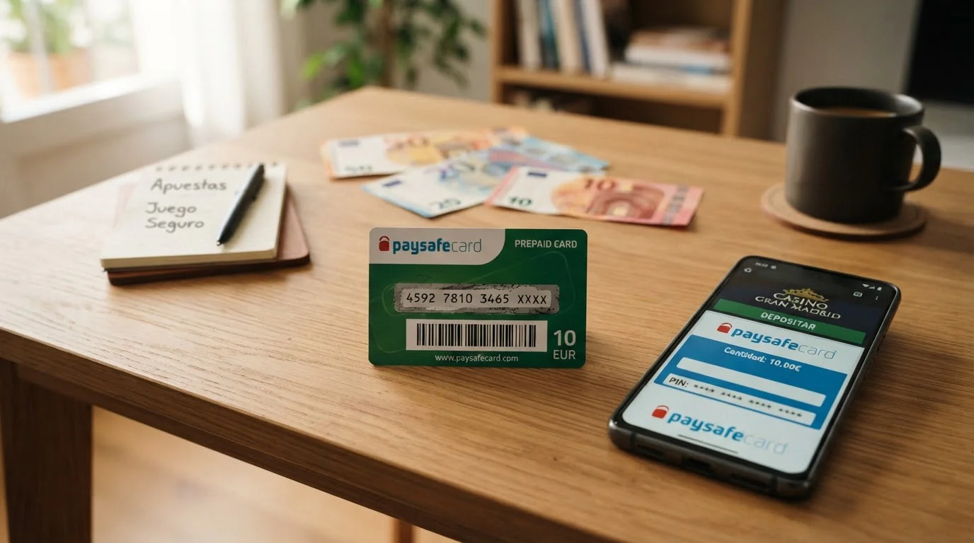Escritorio con tarjeta prepago Paysafecard, smartphone mostrando casino online y billetes de euro