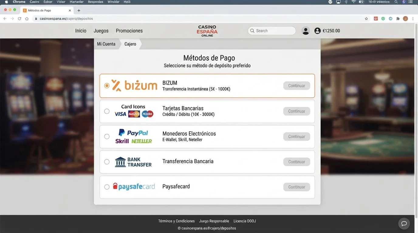 Interfaz de métodos de pago en casino online español mostrando Bizum y tarjeta