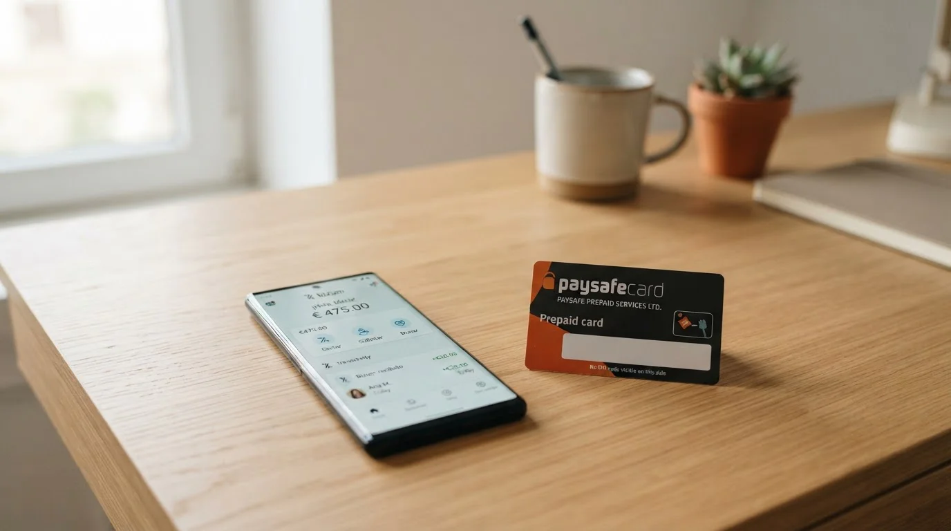 Smartphone mostrando app de Bizum junto a tarjeta prepago Paysafecard sobre escritorio