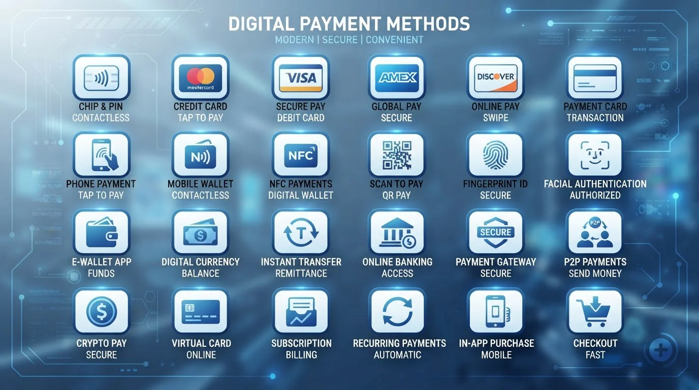 Iconos de métodos de pago digitales sobre fondo tecnológico limpio
