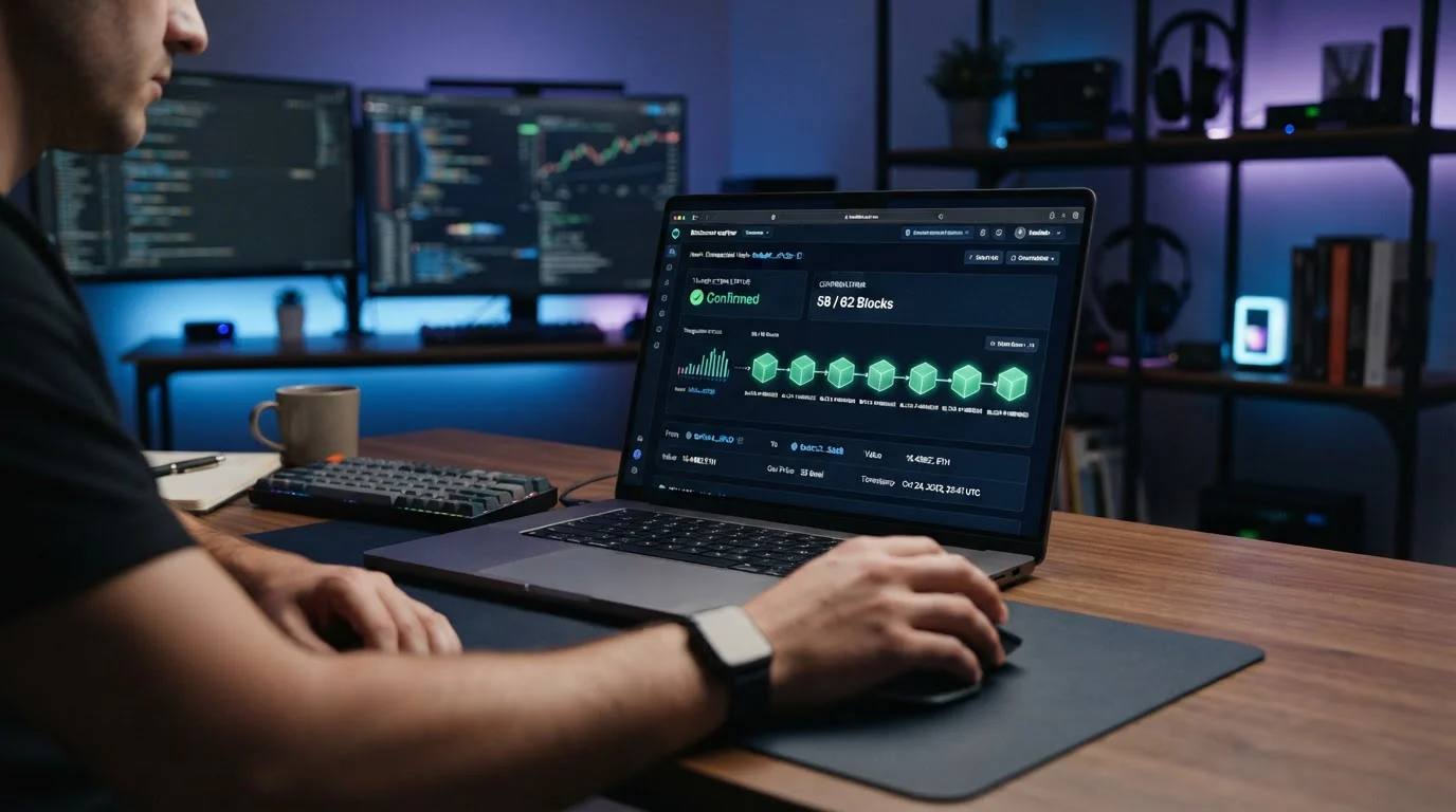 Transacción de criptomoneda procesándose en blockchain con múltiples confirmaciones
