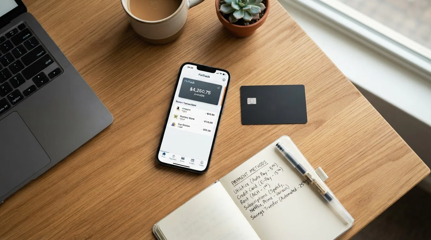 Smartphone mostrando app de Bizum y tarjeta bancaria sobre mesa