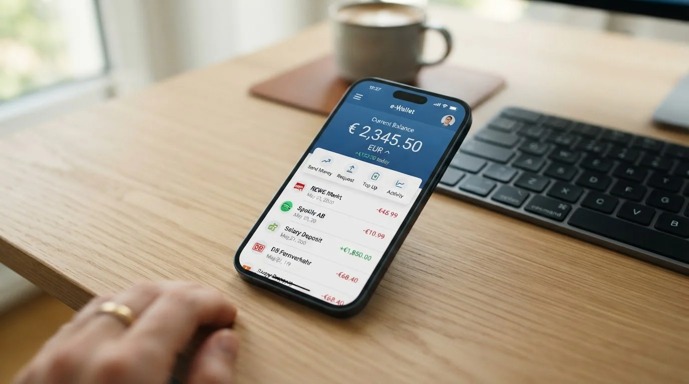 Smartphone mostrando aplicación de monedero electrónico con saldo en euros