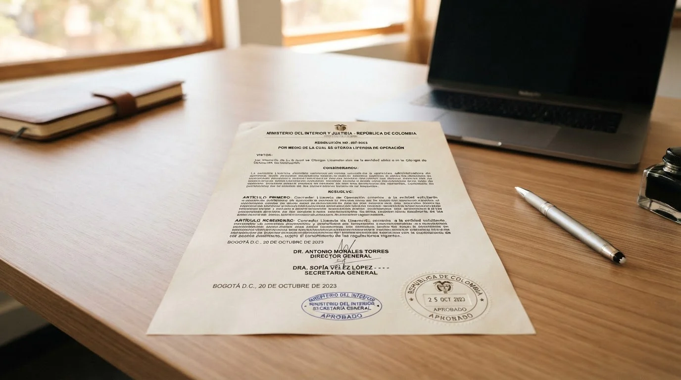 Documento de licencia DGOJ oficial con sello de aprobación sobre escritorio