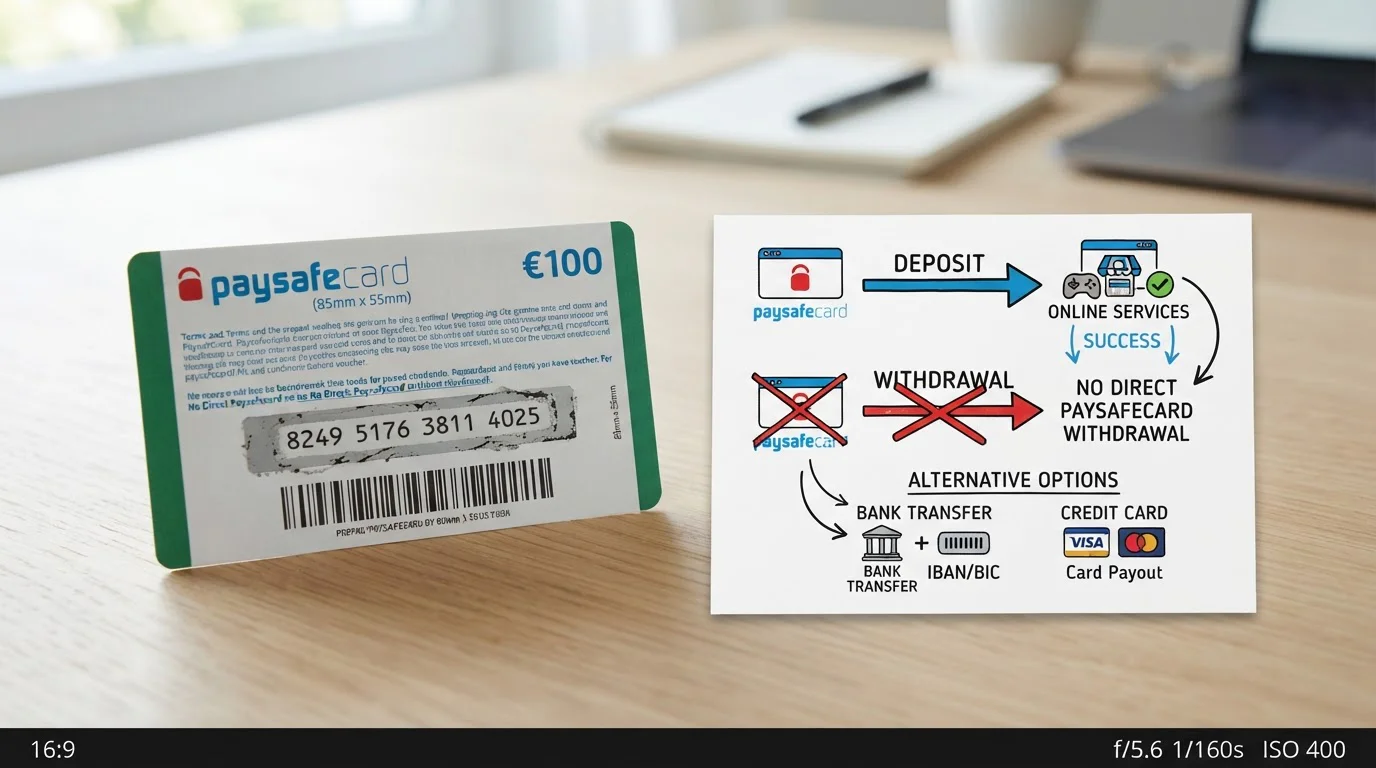 Cupón Paysafecard con PIN y diagrama de flujo de depósito sin retiro