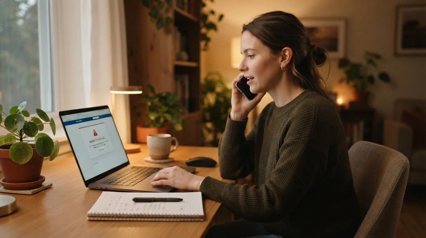 Persona llamando al banco desde escritorio con laptop abierto mostrando mensaje de transacción rechazada