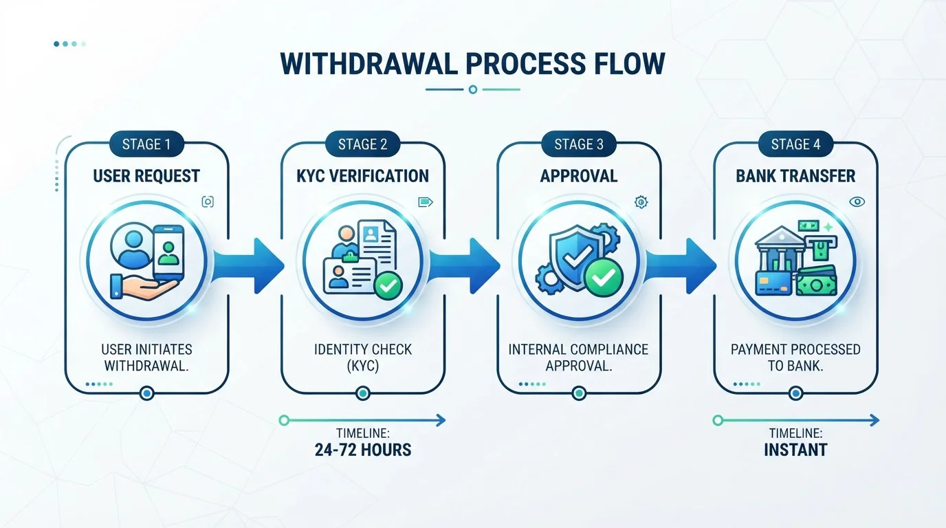 Diagrama de flujo del proceso de retiro desde solicitud hasta llegada a cuenta bancaria