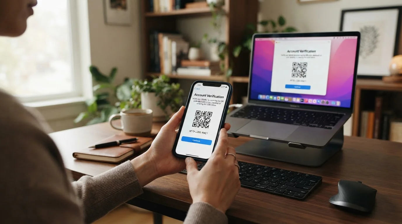 Persona en escritorio completando proceso de verificación KYC en smartphone
