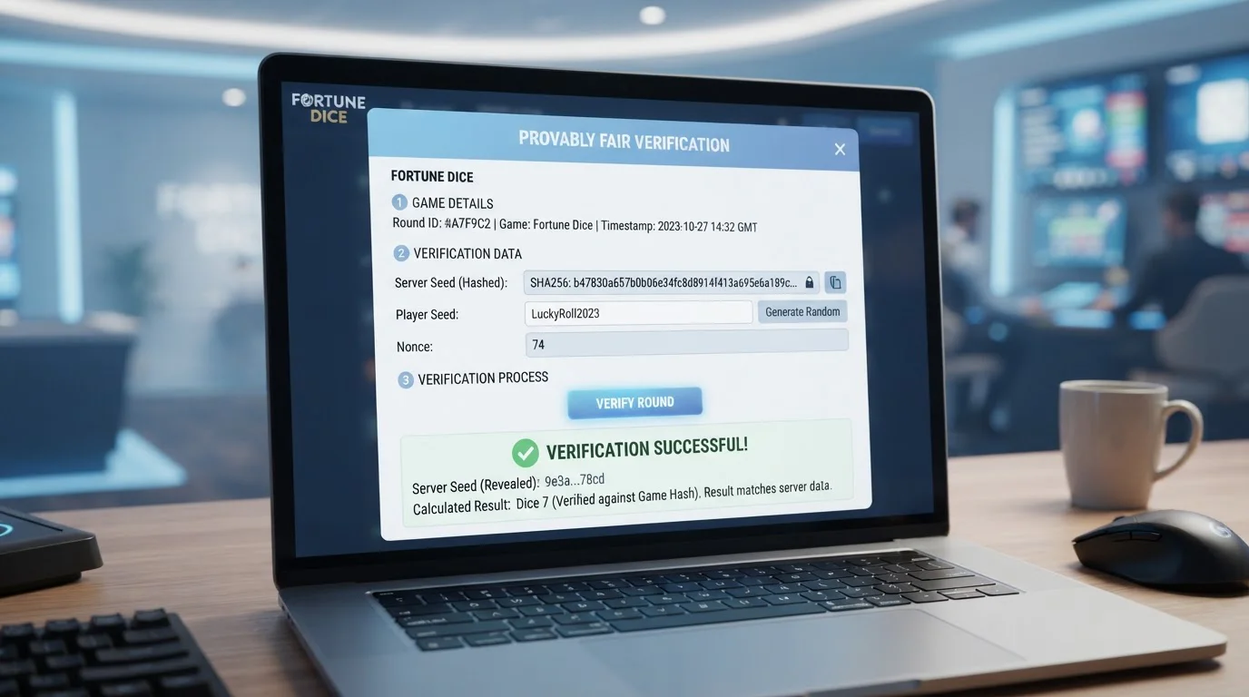 Interfaz de juego Provably Fair mostrando hash de verificación y seed del jugador