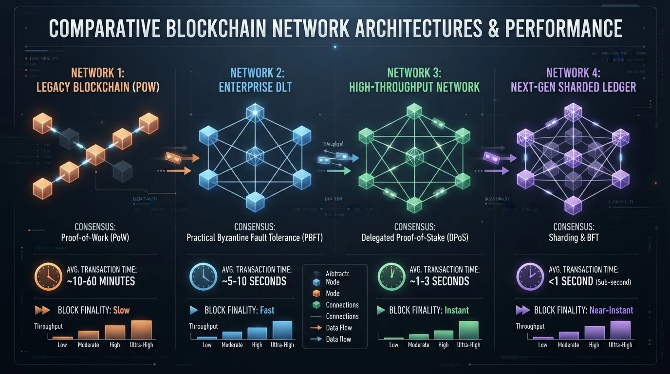 Diagrama visual de cuatro redes blockchain con nodos conectados y tiempos de transacción