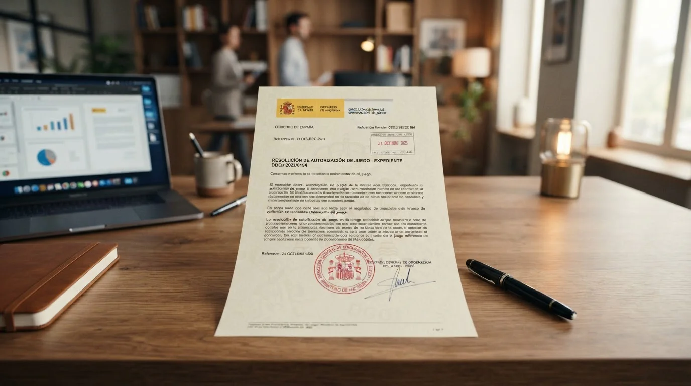 Documento legal español con sello oficial de la DGOJ sobre mesa de oficina