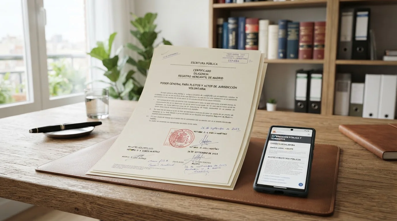 Documento legal español con sello oficial junto a smartphone con información regulatoria