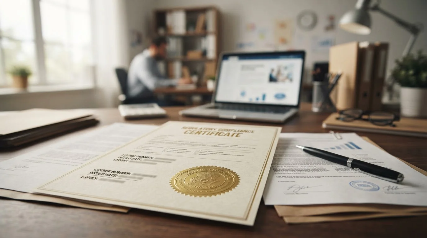 Documento genérico de licencia con sello oficial y lista de requisitos regulatorios
