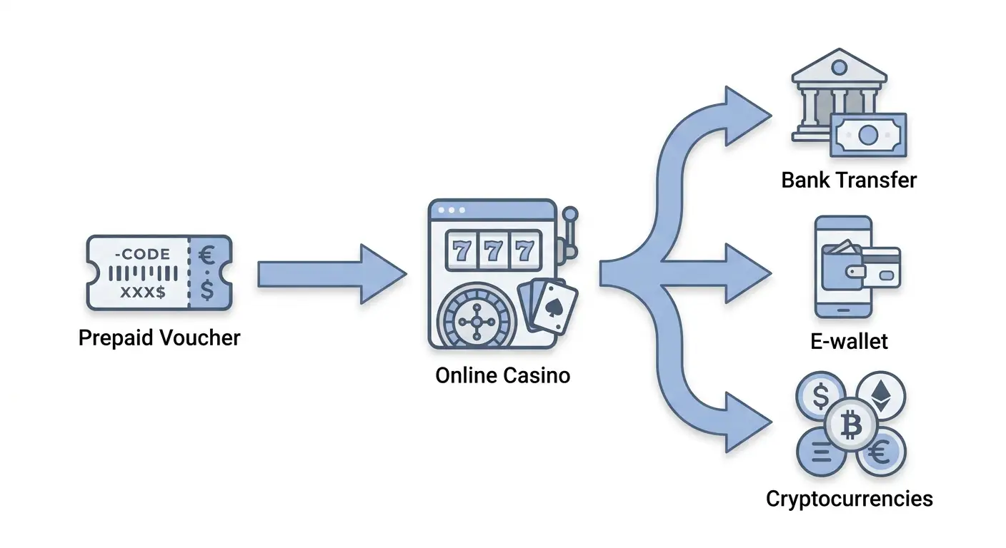 Diagrama conceptual mostrando flujo de depósito unidireccional con cupón prepago y métodos alternativos de retiro