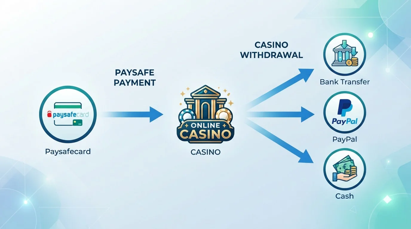 Diagrama de flujo mostrando tarjeta Paysafecard con flecha unidireccional hacia casino y múltiples flechas desde casino hacia métodos de retiro