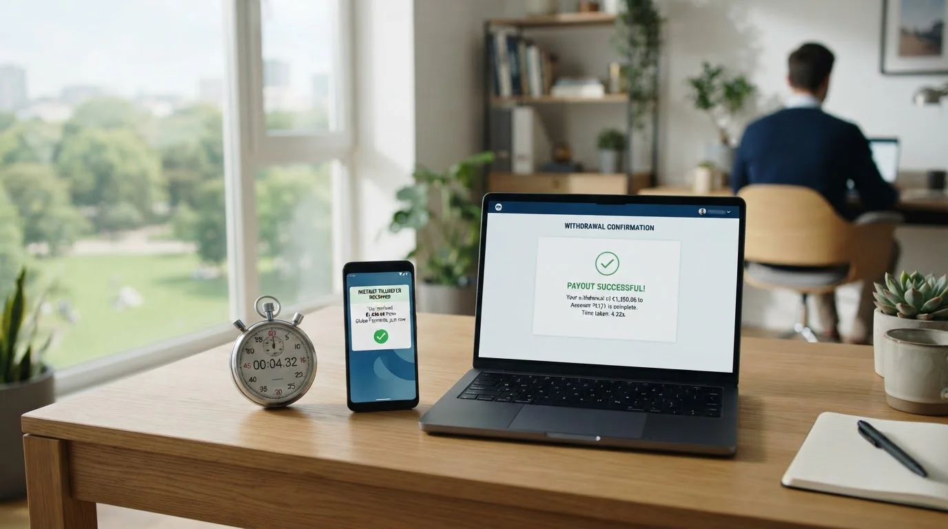 Cronómetro en escritorio junto a smartphone mostrando notificación de transferencia instantánea