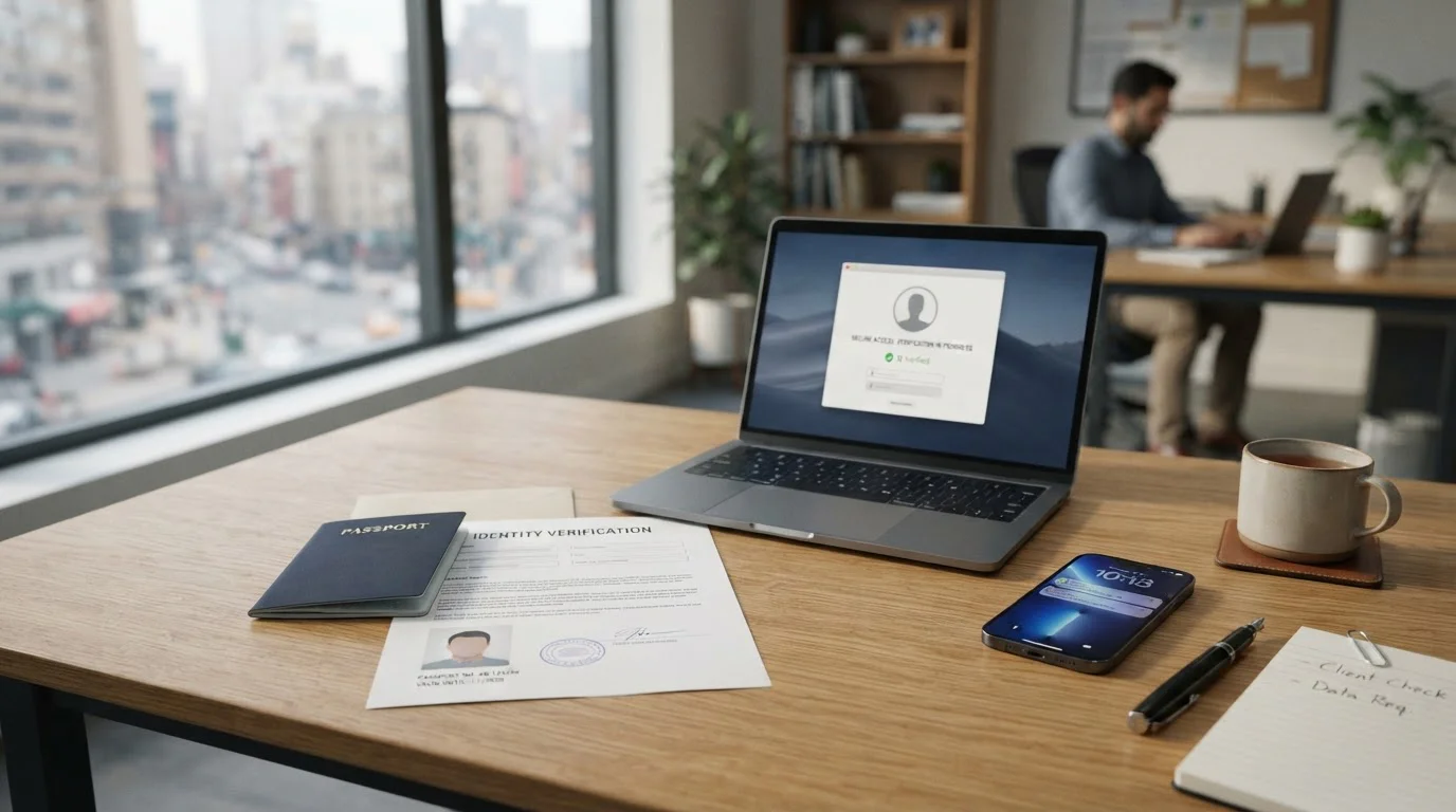 Documentos de identificación y laptop con pantalla de verificación KYC
