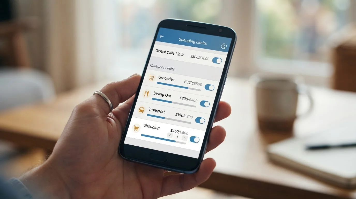 Interfaz de smartphone mostrando configuración de límites de gasto en app bancaria