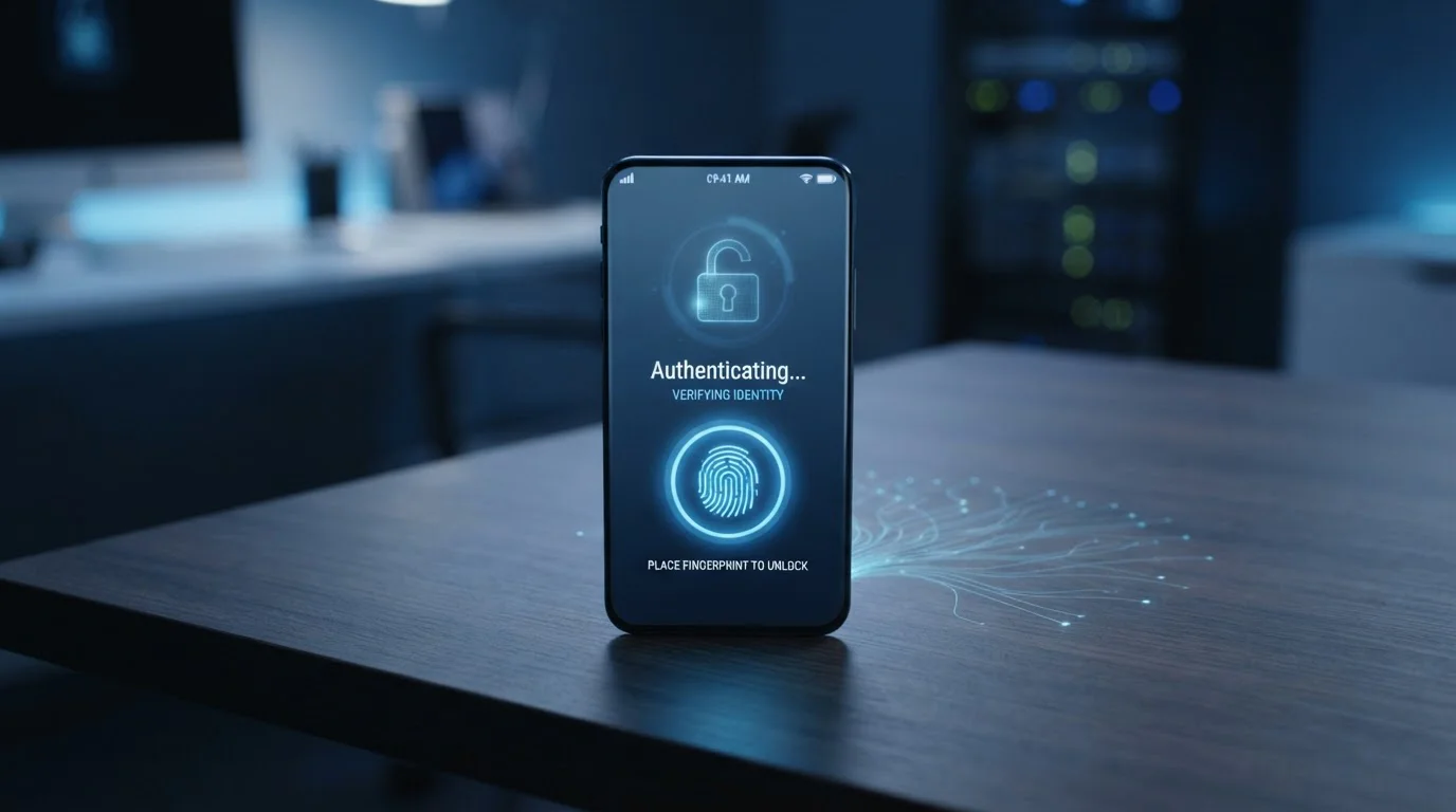 Candado digital y smartphone con autenticación biométrica sobre fondo tecnológico