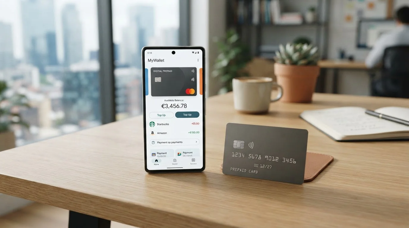 Tarjeta prepago genérica junto a smartphone mostrando interfaz monedero digital en escritorio