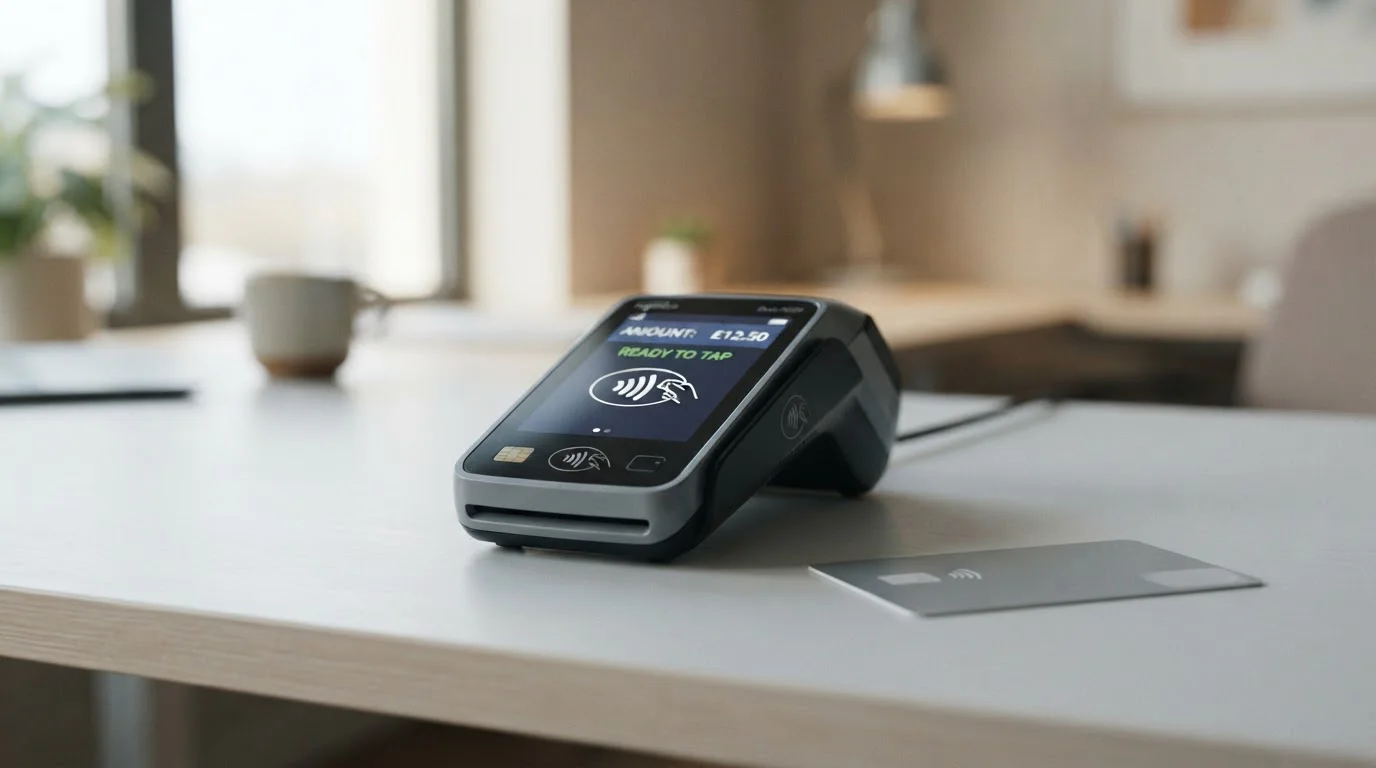 Tarjeta bancaria Visa y Mastercard junto a terminal de pago con autenticación 3D Secure