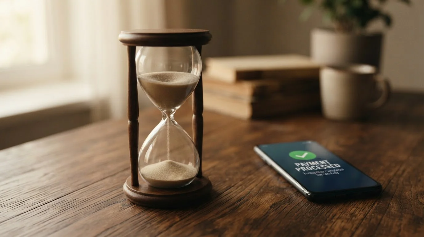Reloj de arena junto a smartphone mostrando notificación de pago procesado