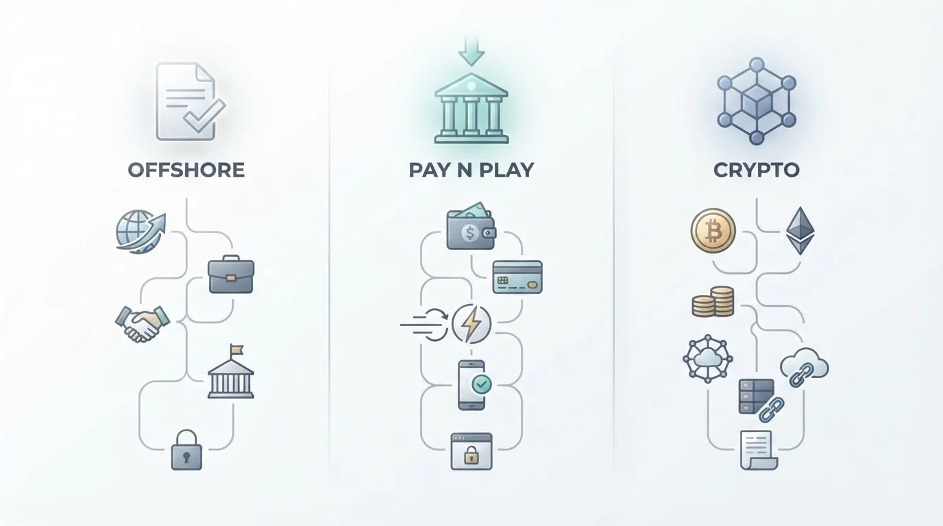 Comparación visual de tres métodos de acceso a casinos online