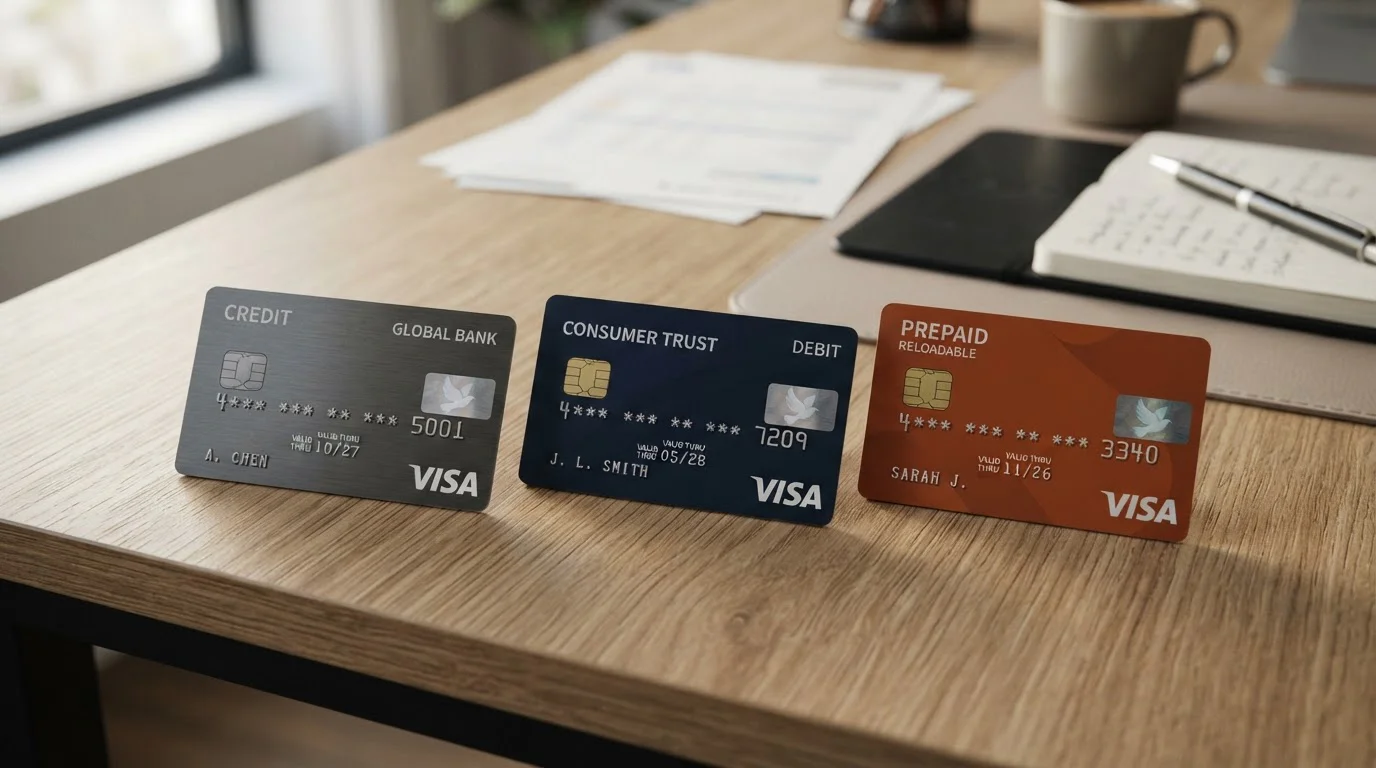 Tres tipos de tarjetas Visa sobre mesa con documentación financiera