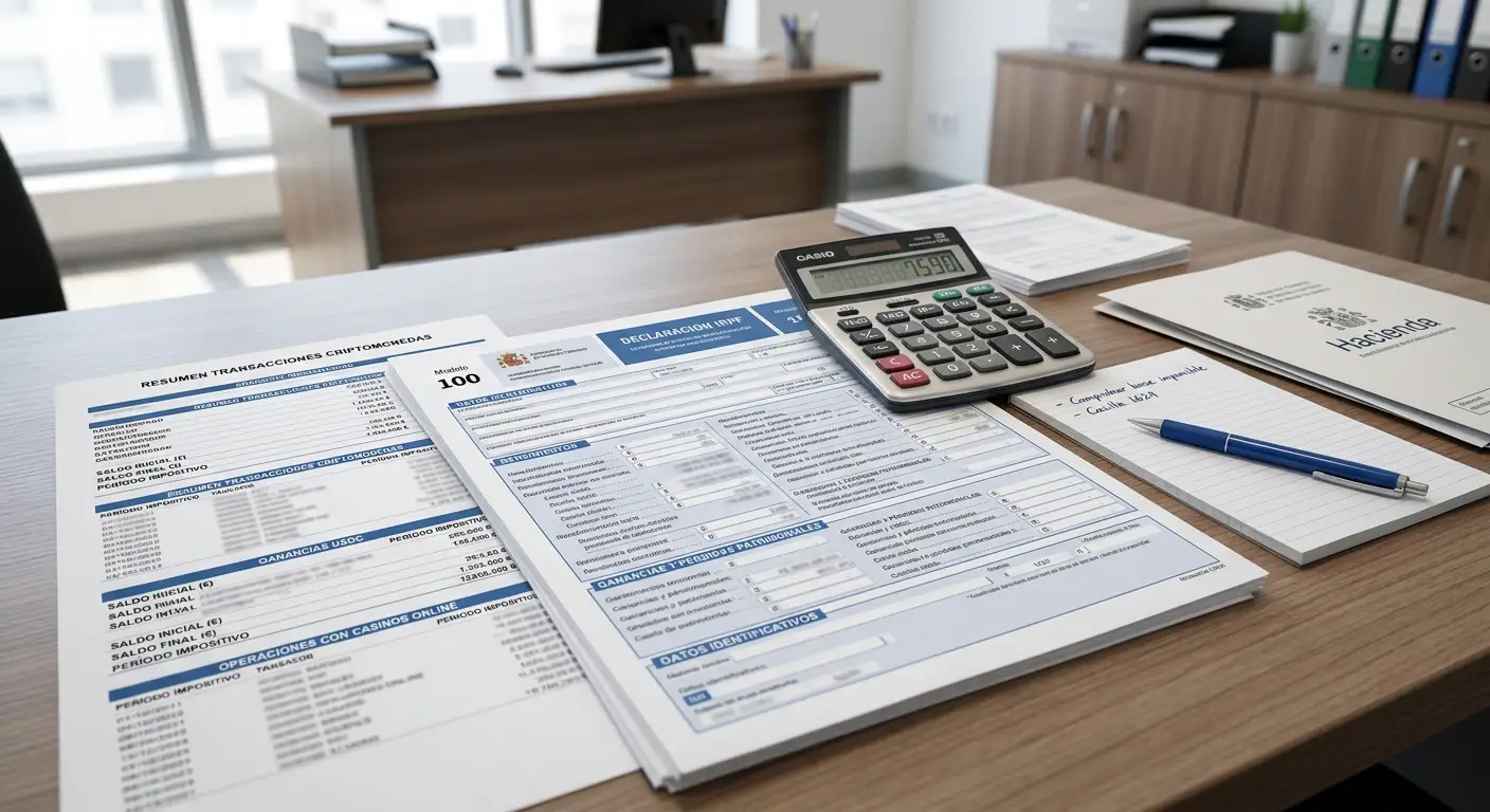 Formulario de declaración de renta con calculadora y documentos de transacciones cripto