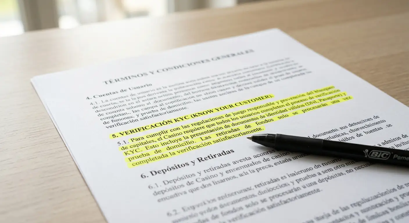 Documento de términos y condiciones de casino con sección KYC destacada