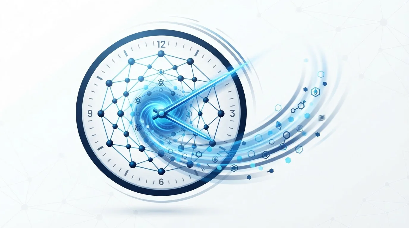 Reloj y símbolos de criptomonedas representando velocidad de transacciones