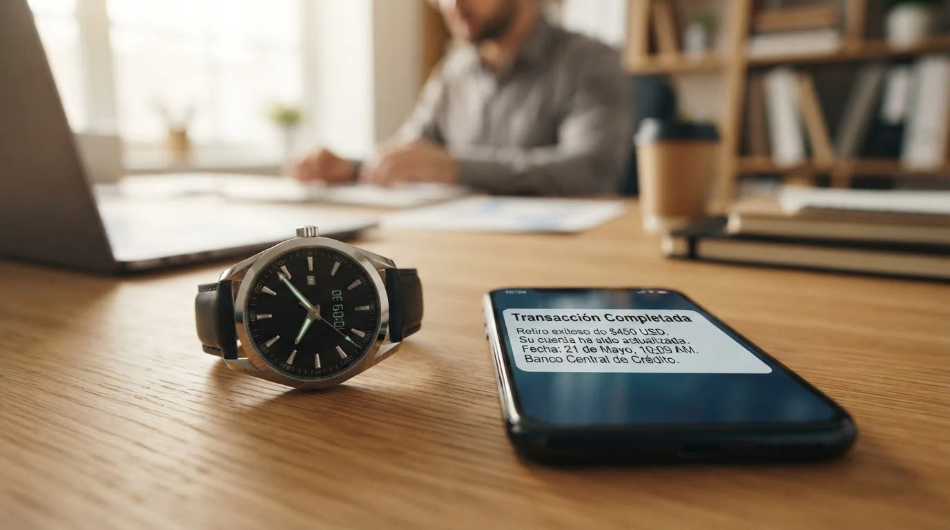 Reloj de pulsera junto a smartphone mostrando notificación de retiro completado
