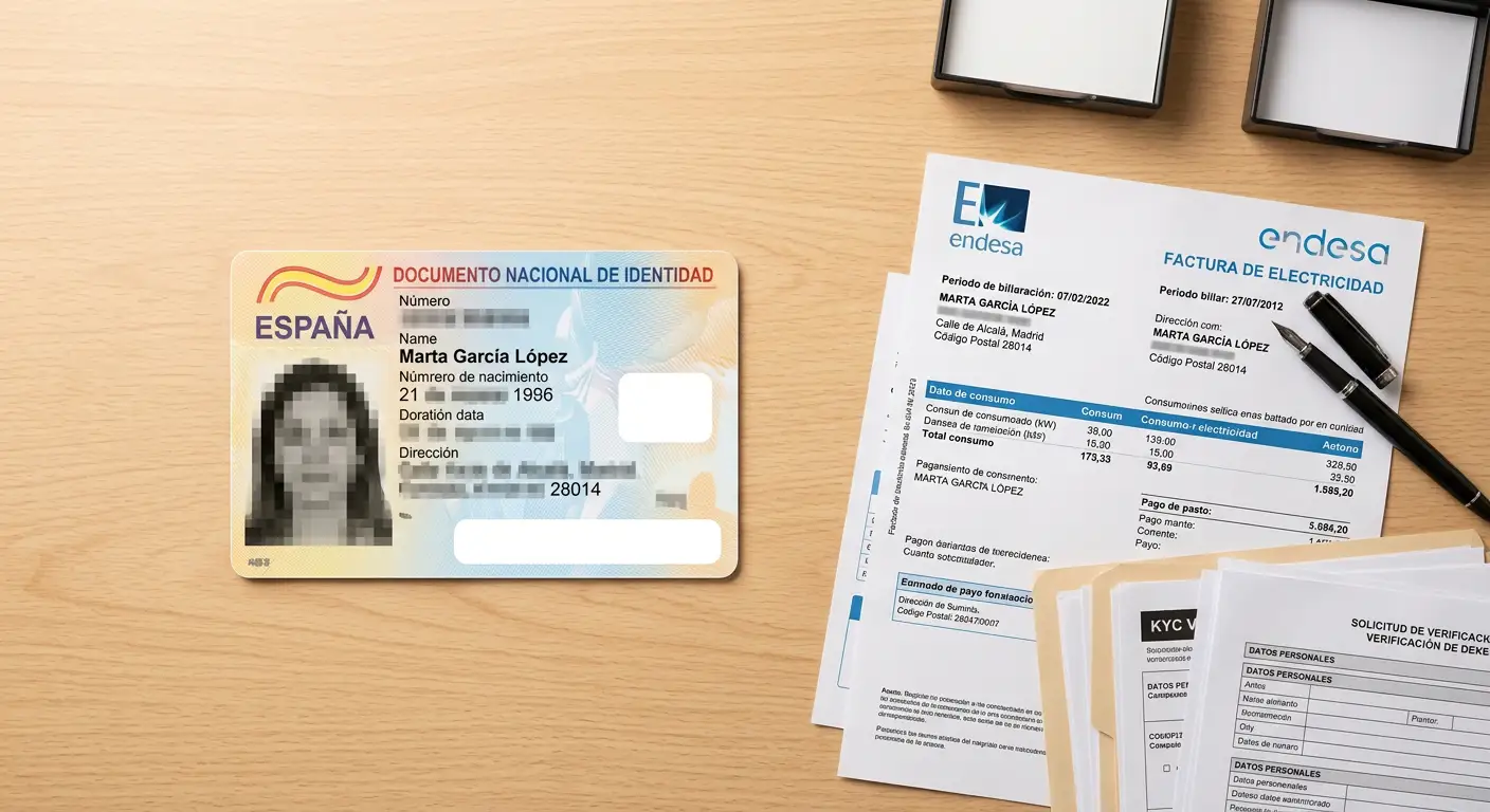 Documentos de verificación KYC incluyendo DNI y prueba de domicilio sobre escritorio