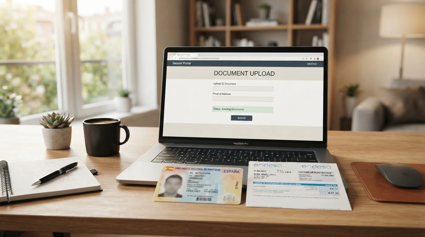 Documento de identidad y comprobante de domicilio sobre escritorio junto a laptop