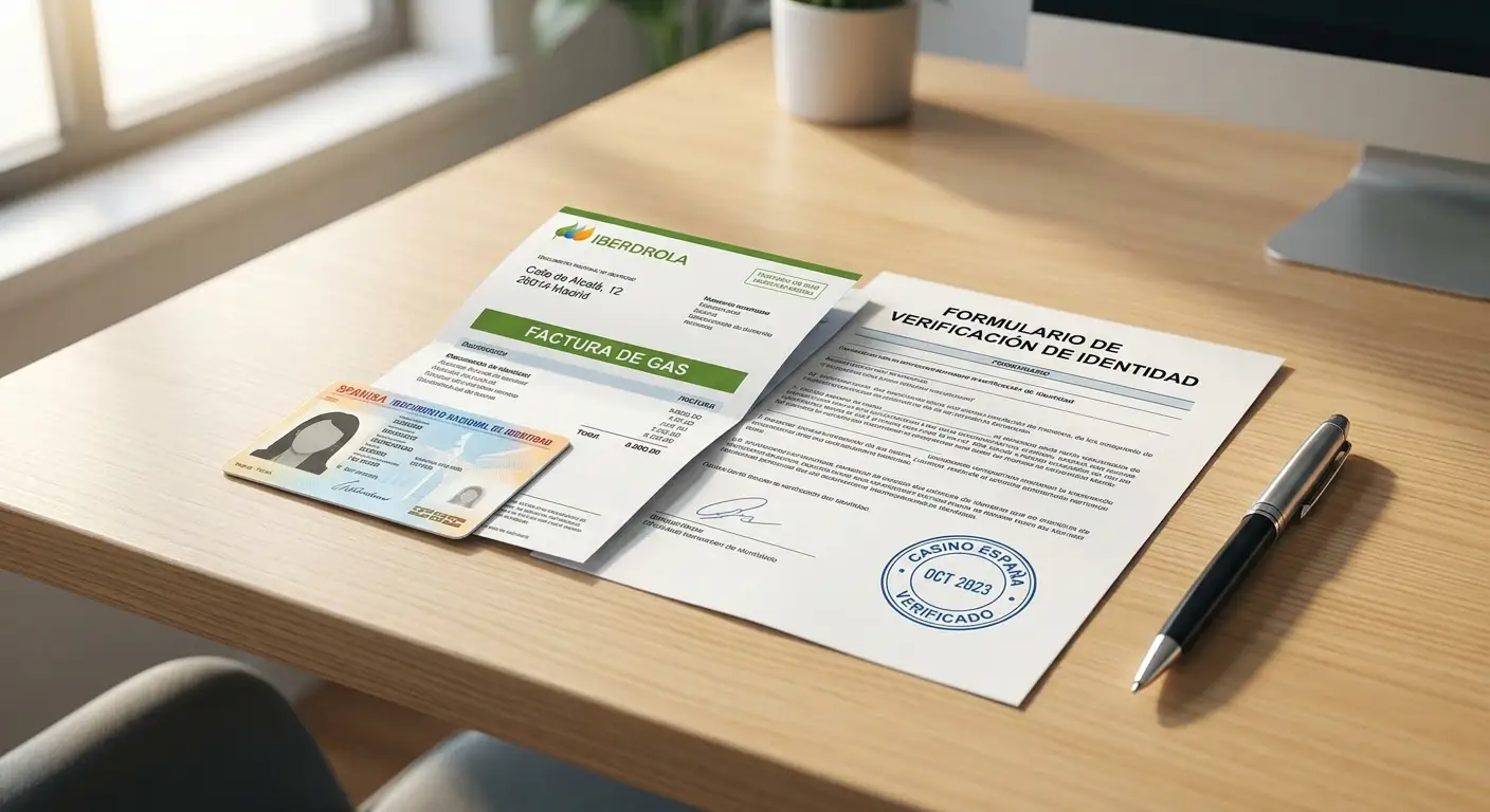 Documento de verificación KYC junto a DNI español y justificante de domicilio sobre mesa de oficina