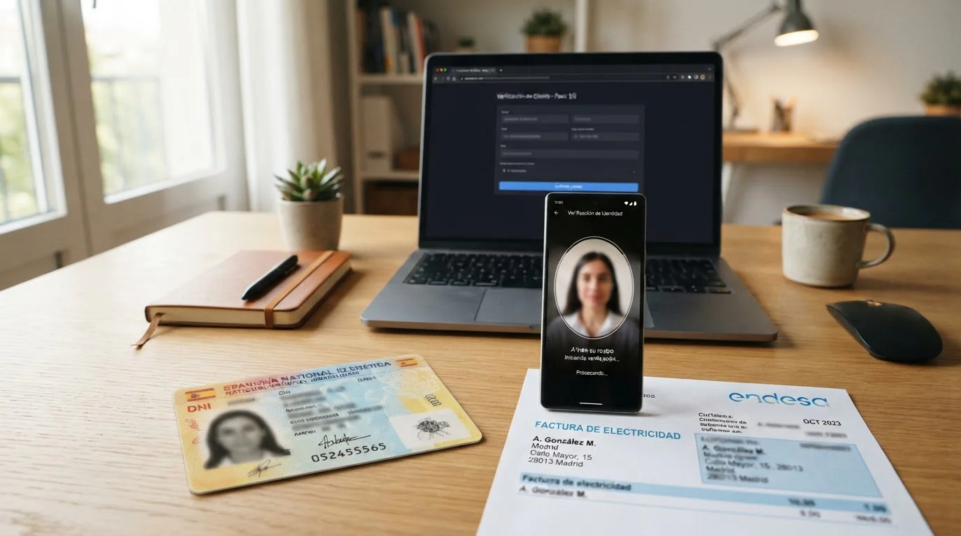 Documentos de verificación KYC sobre escritorio con DNI y comprobante de domicilio