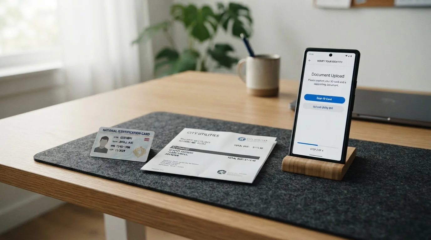 Documentos de verificación KYC para casino online junto a smartphone