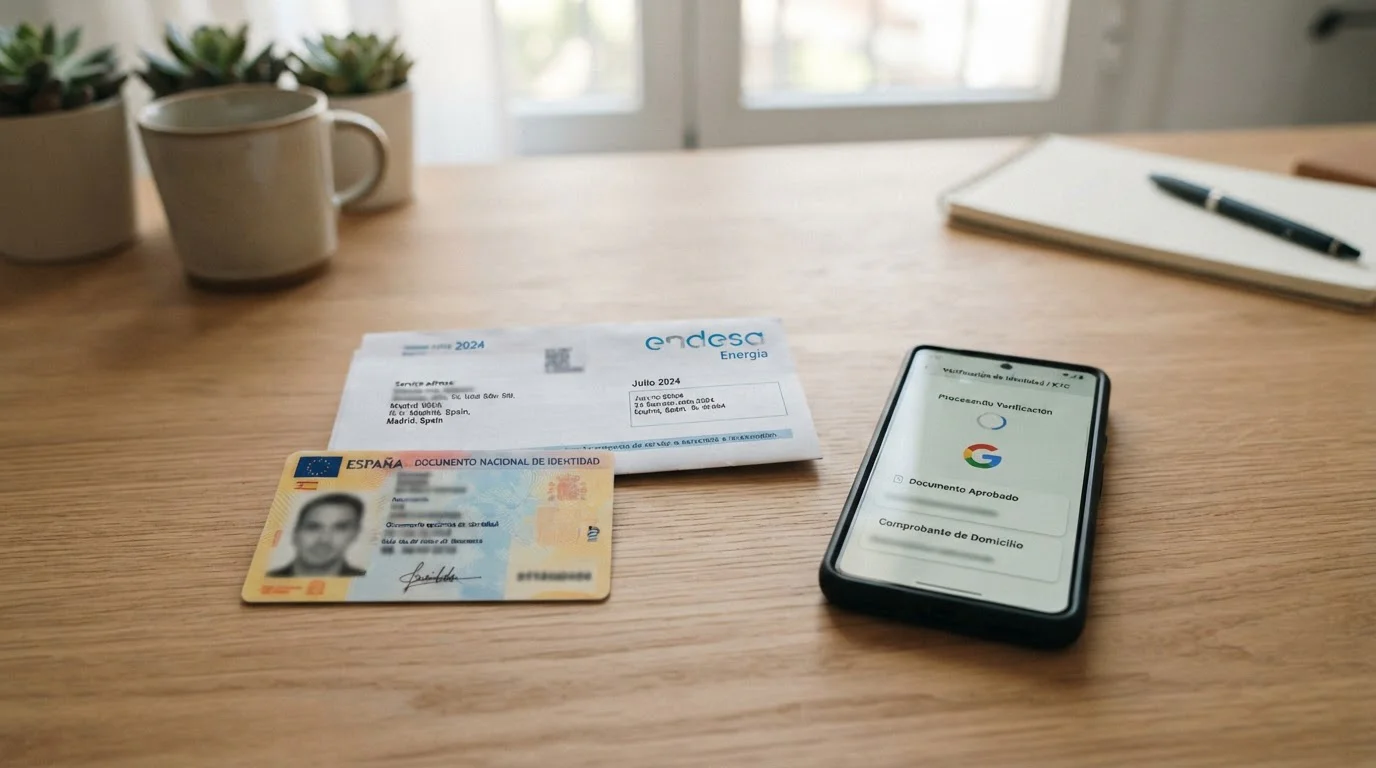 Documento de verificación KYC junto a smartphone con aplicación de casino
